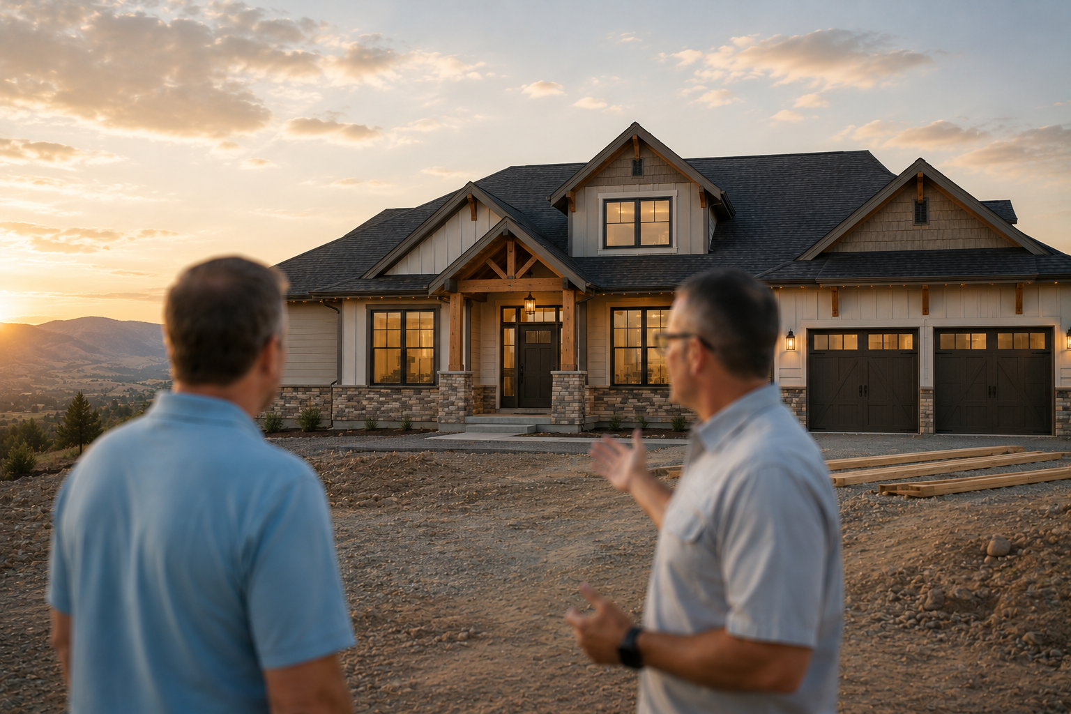 Two men talking in front of a newly built house at sunset, with mountains in the background.