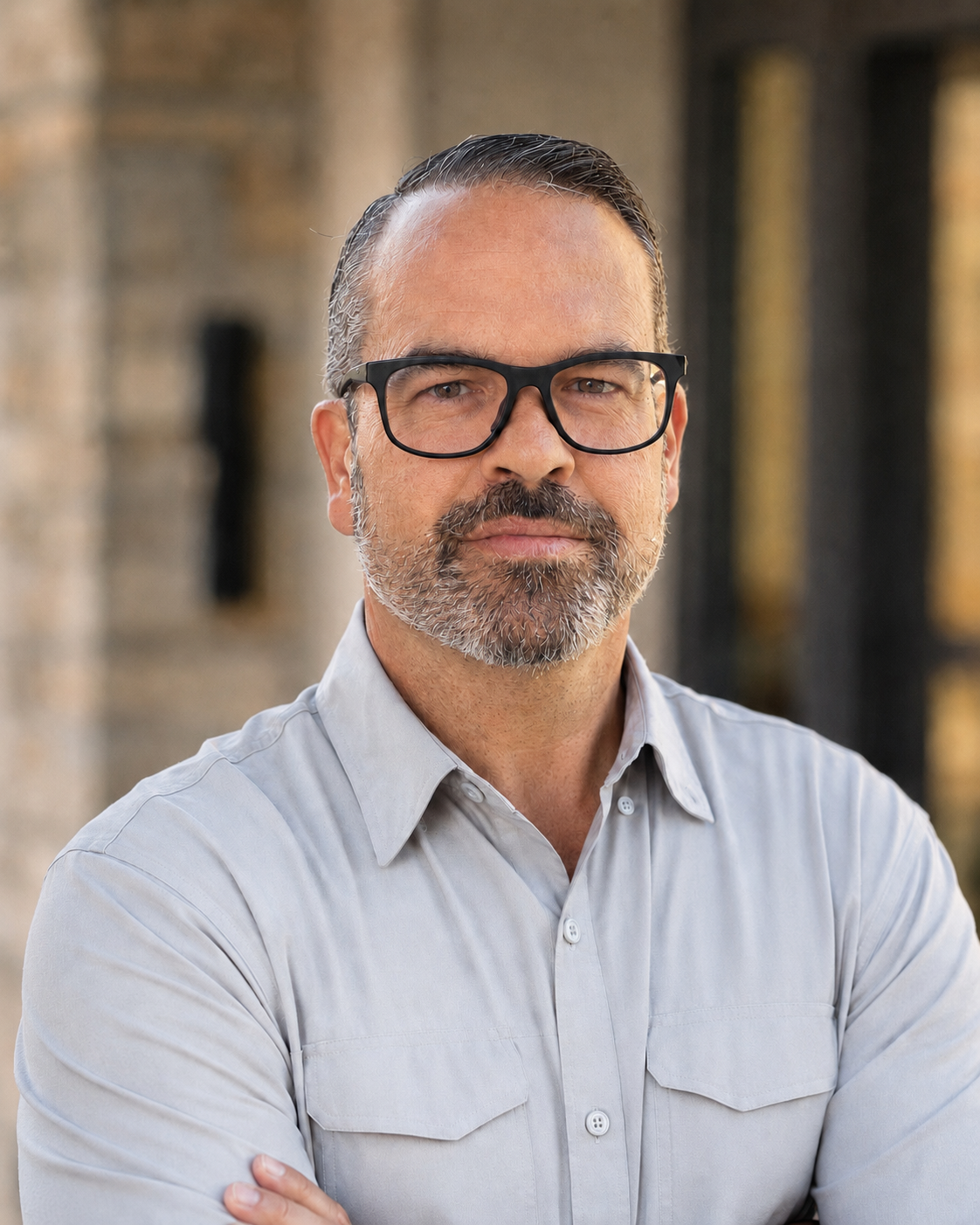 A middle-aged man wearing glasses and a light gray button-up shirt standing outdoors with a blurred brick wall background.