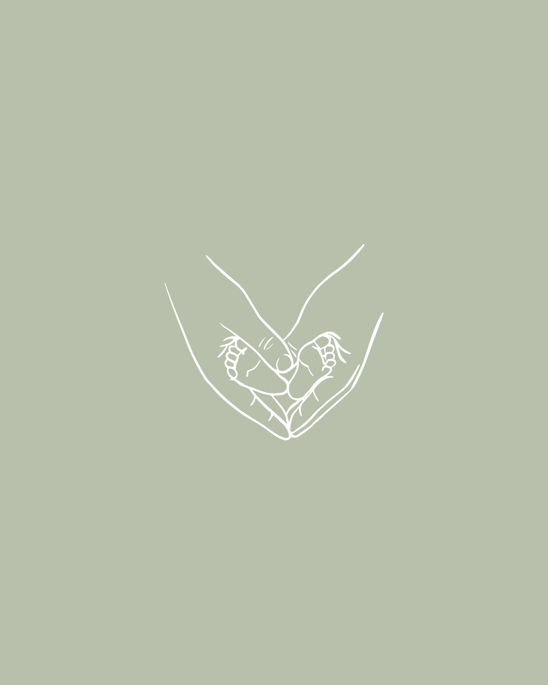 Line drawing of a hand holding a baby or small child on a muted green background.