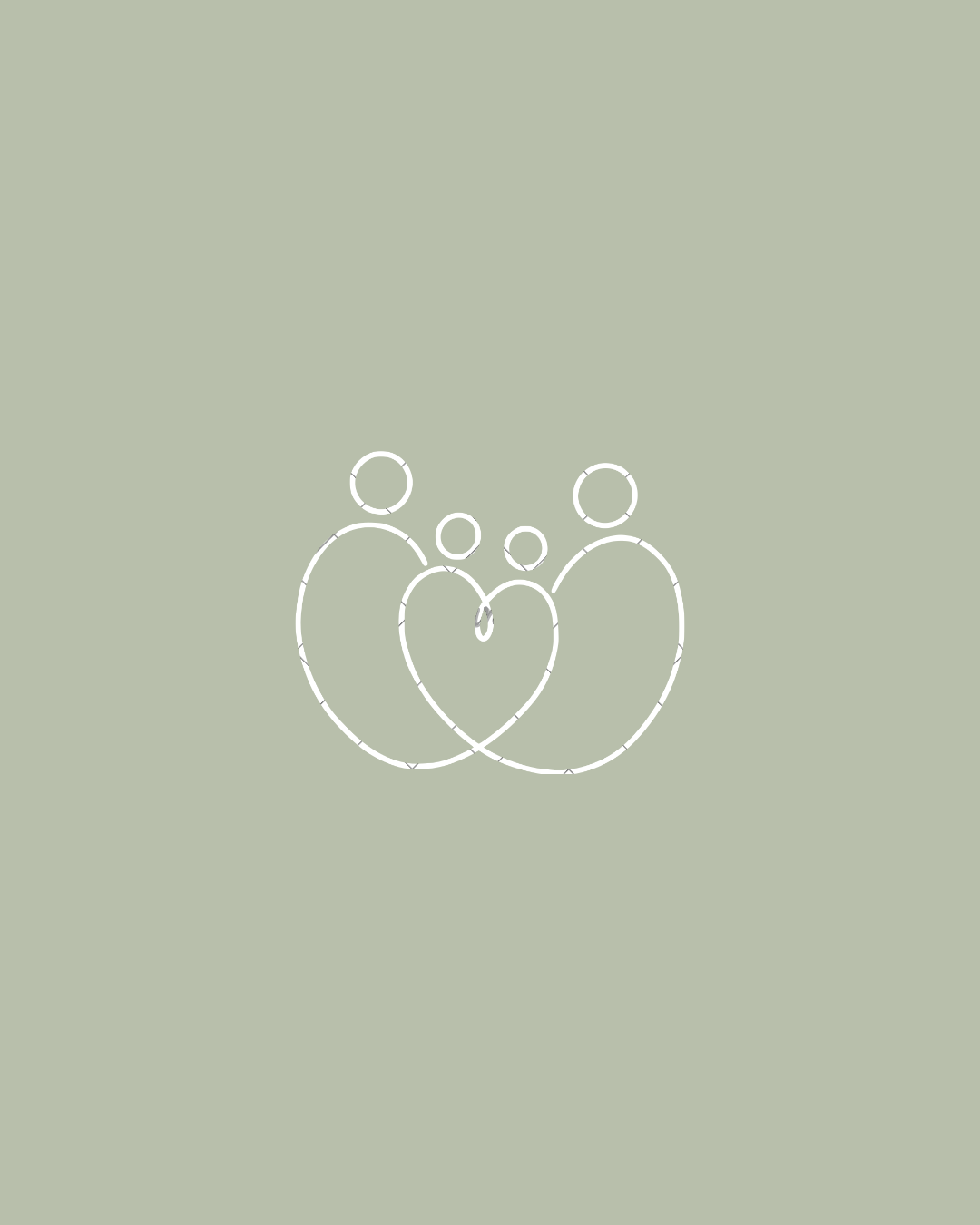 Minimalist line drawing of a family of four, with two larger figures and two smaller figures between them, on a light green background.