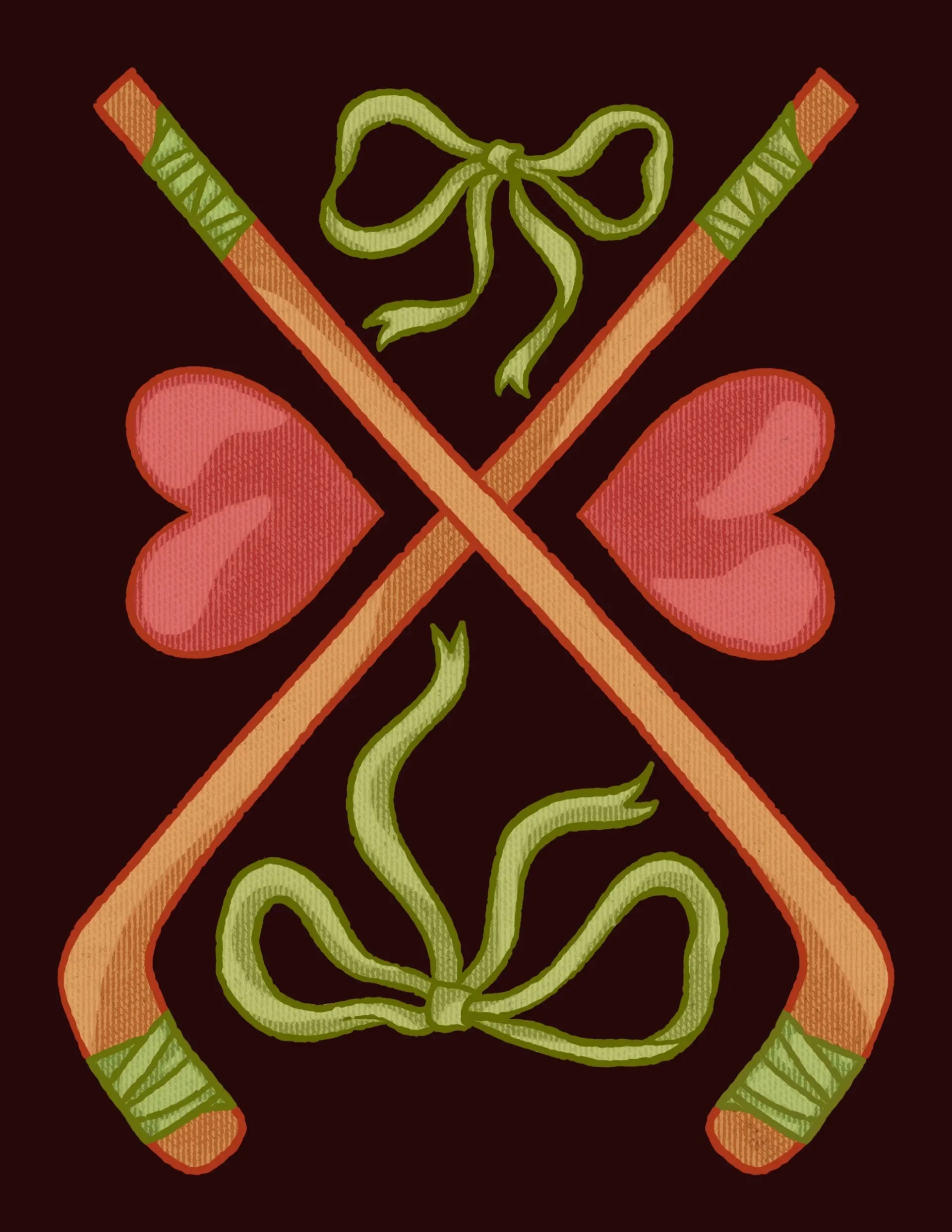 Illustration of a green vine with leaves and a bow, flanked by two crossed hockey sticks and a red heart on each side.