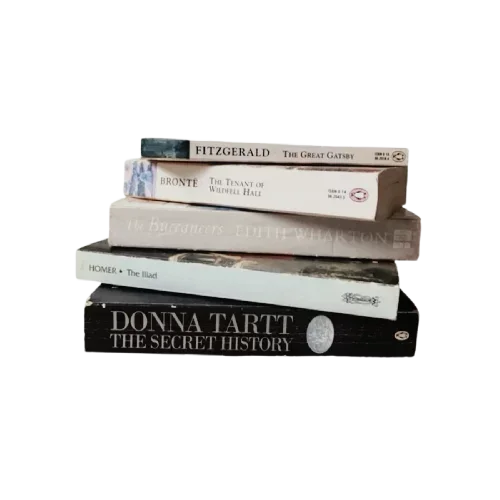 Stack of six books on a black background, including "The Great Gatsby" by Fitzgerald and "The Secret History" by Donna Tartt.