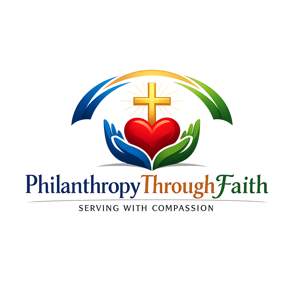 A logo for 'Philanthropy Through Faith' featuring a gold cross, red heart, and two hands, one blue and one green, with a rainbow arching over them and the text 'Serving with Compassion' underneath.