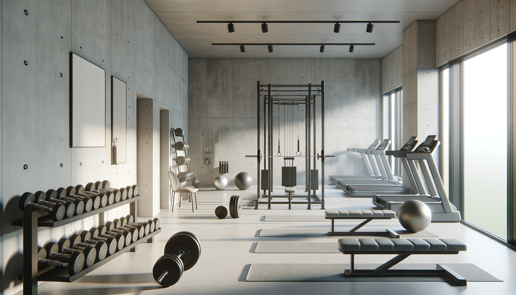 Modern gym with free weights, dumbbells, exercise benches, treadmill, and workout equipment, all in a bright space with large windows and concrete walls.