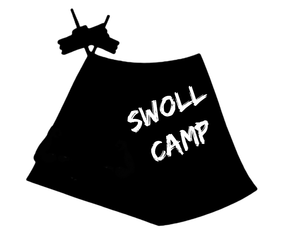 A black backpack with the words 'Swall Camp' written on it, placed on a hammock in a wooded outdoor setting.