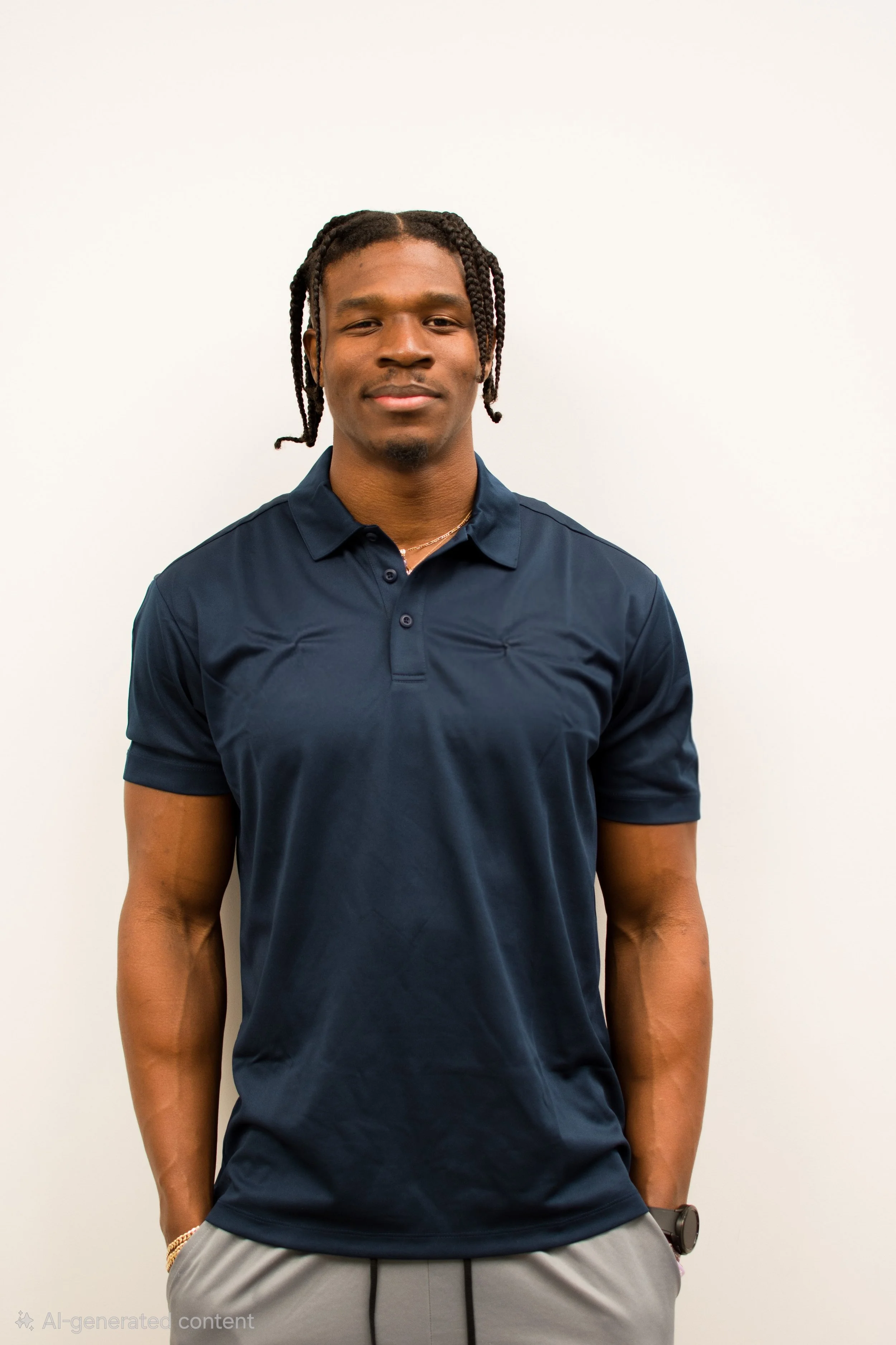 A young man with dark skin, braided hair, wearing a navy blue polo shirt and gray shorts, standing against a plain white background.