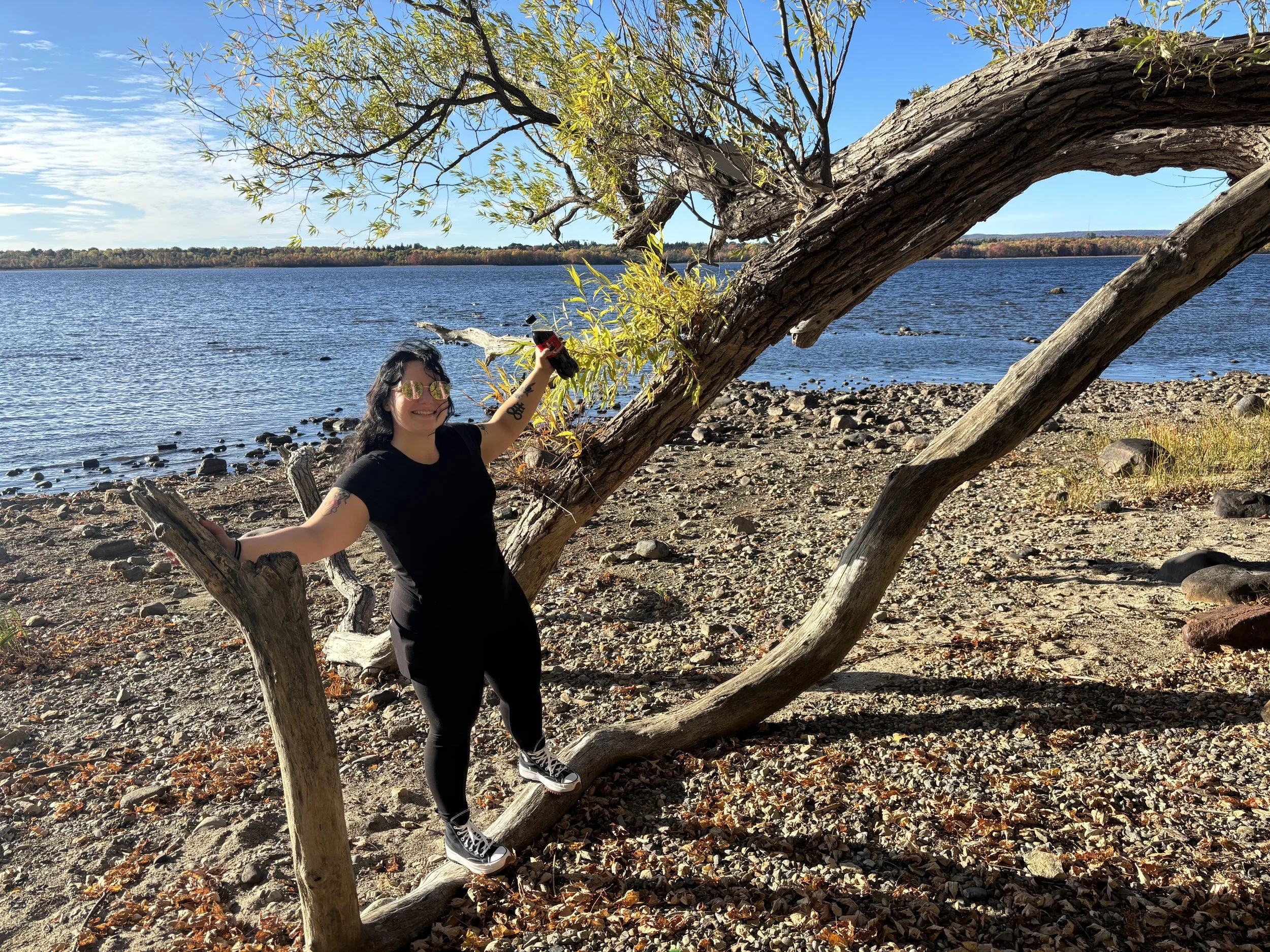 A young woman with dark, curly hair, wearing sunglasses, a black shirt, black pants, and black and white sneakers, smiling and wishfully holding onto a tree branch with one arm and the trunk with her other arm, standing on a rocky shoreline by a large body of water, with trees in the distance and a clear, blue sky.