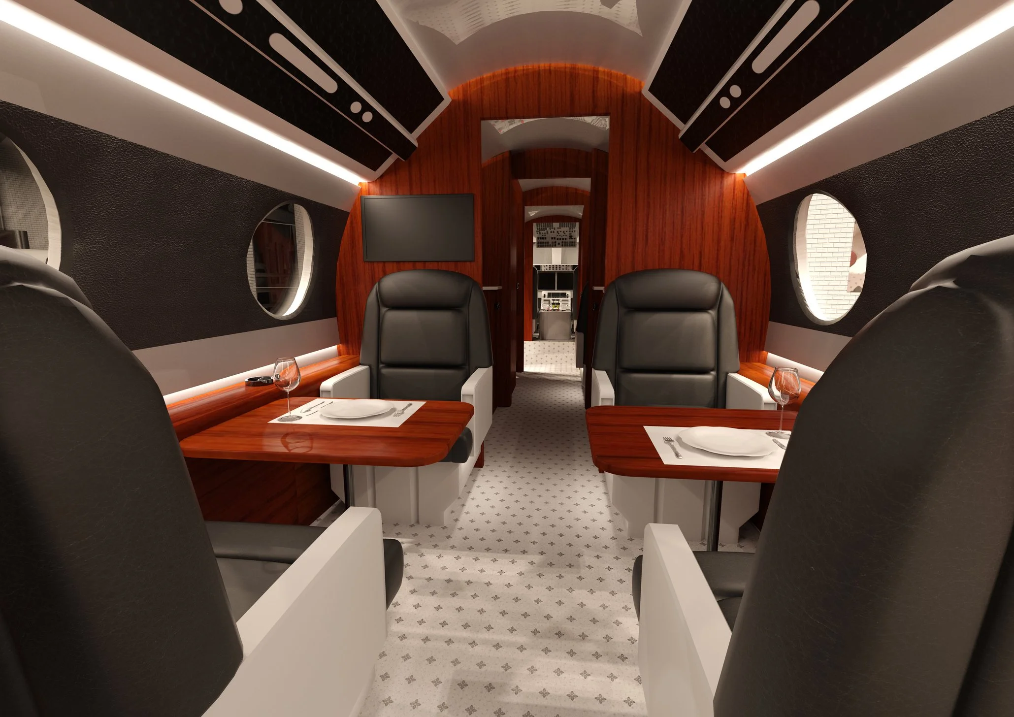 Interior of a private jet with black leather seats, a wood-paneled wall, a mounted flat-screen television, small tents for windows, and a table set with plates and empty wine glasses. Interior Aircraft Detailing Services.