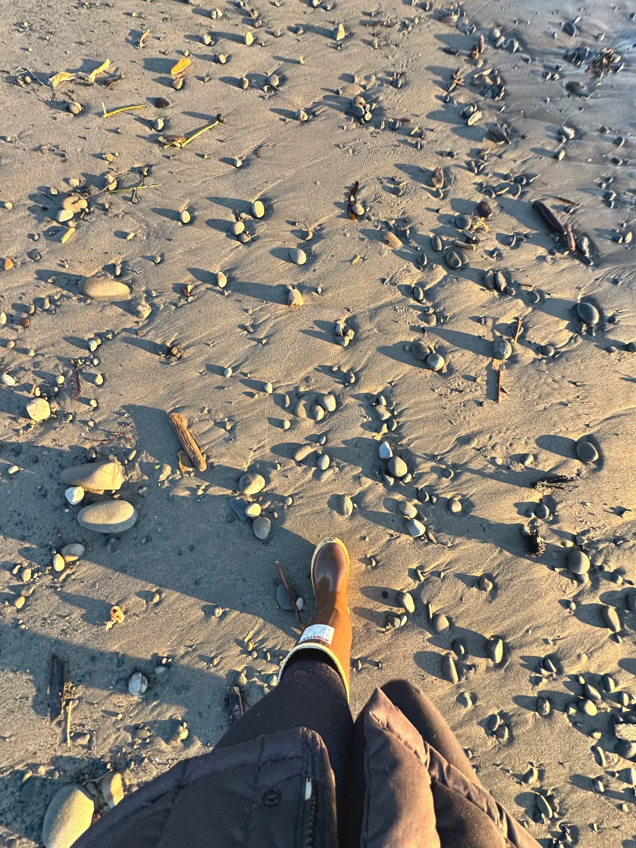 View of a sandy beach with scattered small stones and shells, showing the photographer's legs and feet in shoes, wearing dark pants and a dark jacket, standing on the sand.