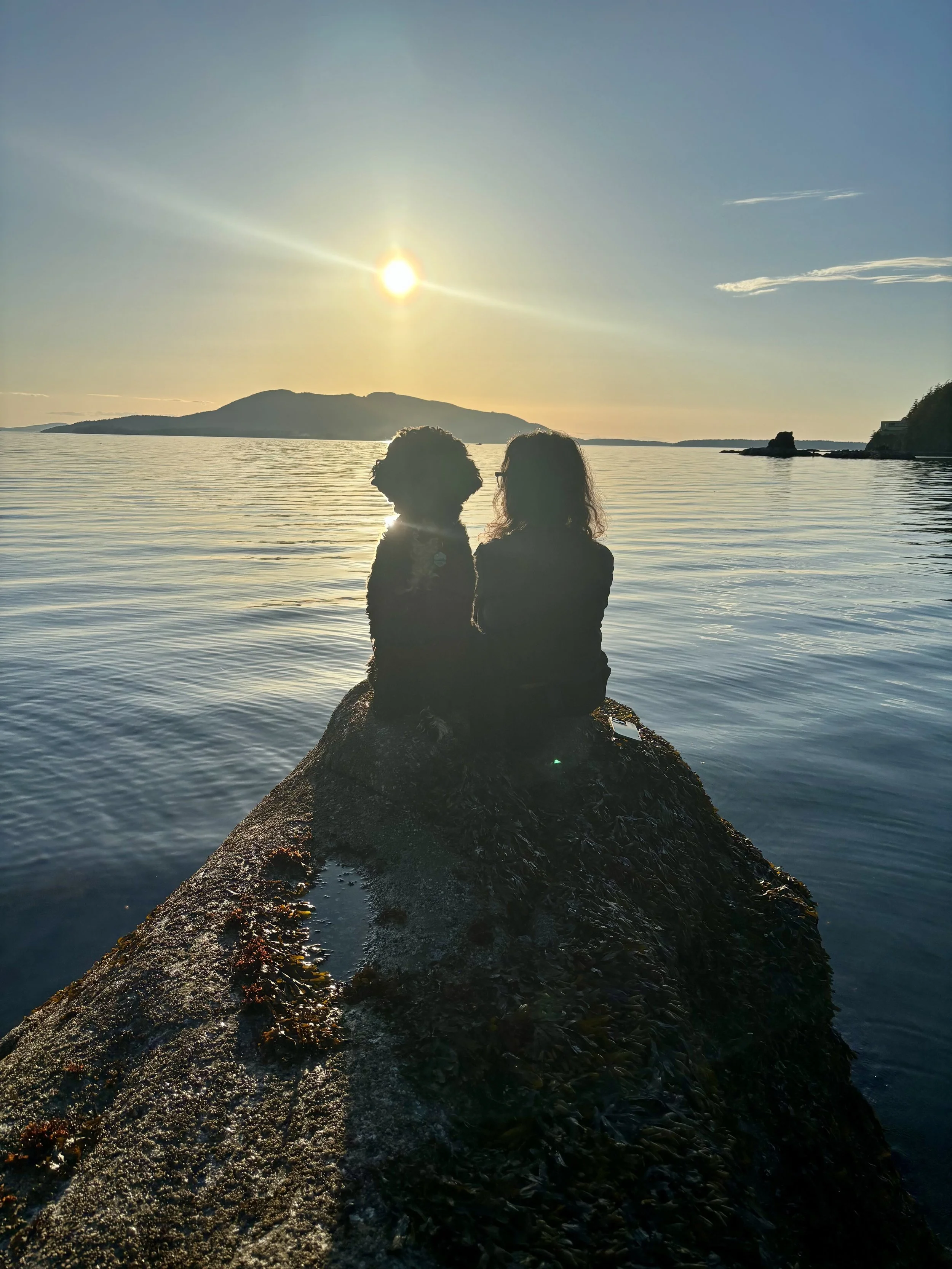 Two people, one with curly hair and glasses and the other with long hair, sitting on a large rock by the water during sunset, with the sun low in the sky over distant mountains.