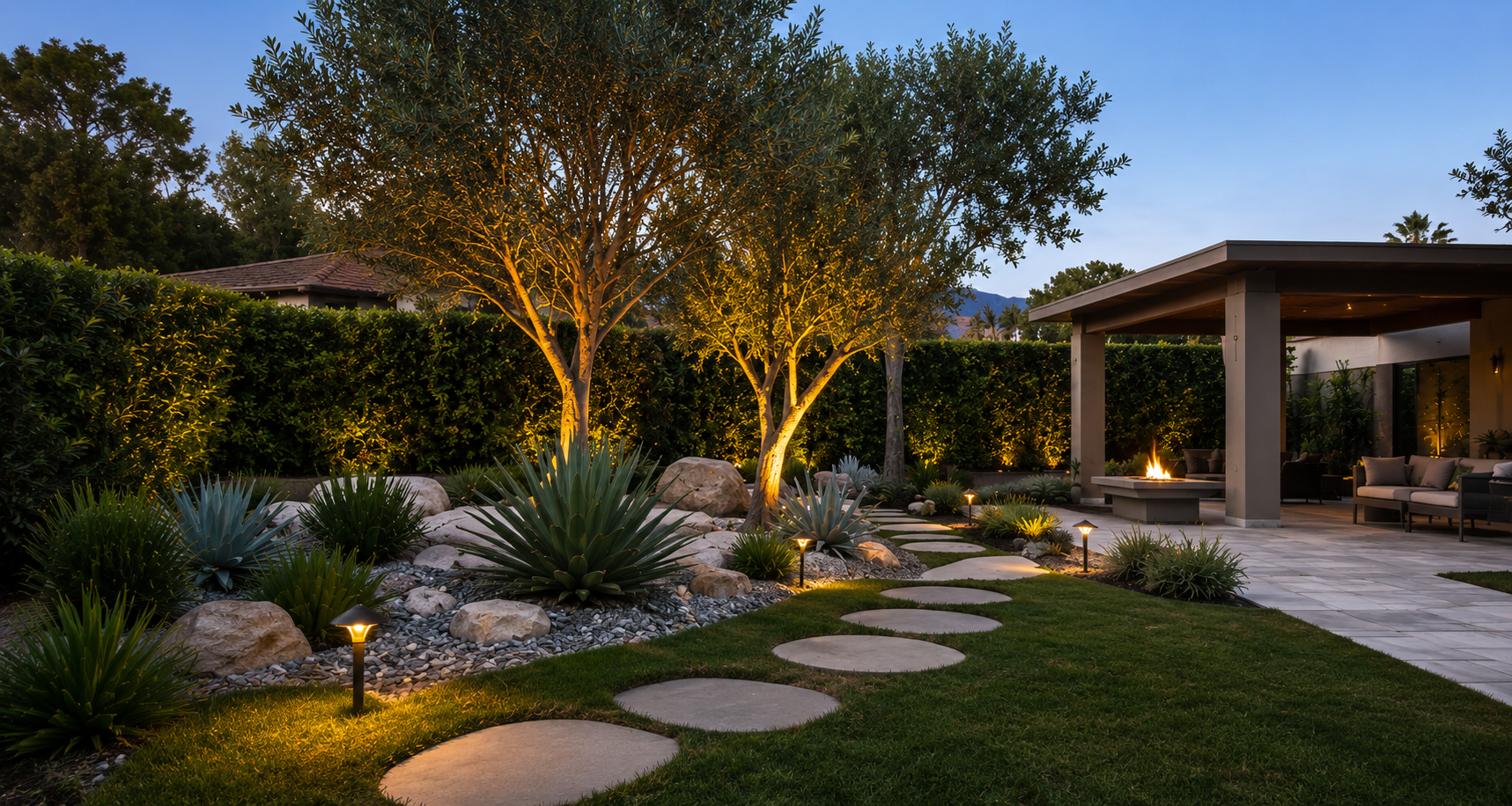 Backyard patio and garden at dusk with illuminated trees, pathway with stepping stones, outdoor seating under a covered patio, and a fire pit with seating.