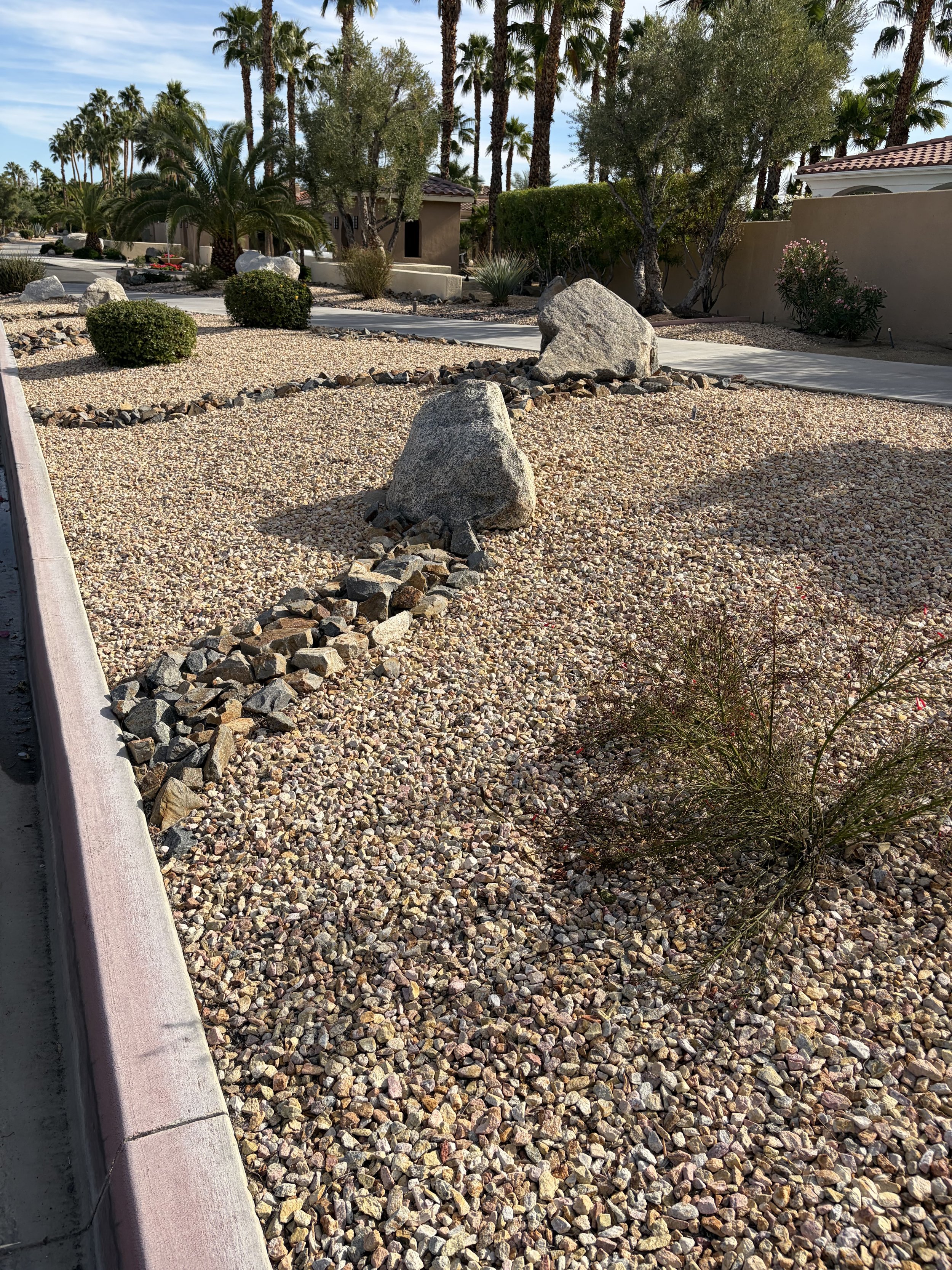 A desert landscape with gravel ground, large rocks, neatly trimmed bushes, small trees, and palm trees in the background under a partly cloudy sky.