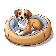 Cartoon of a happy puppy resting in a light blue pet bed.