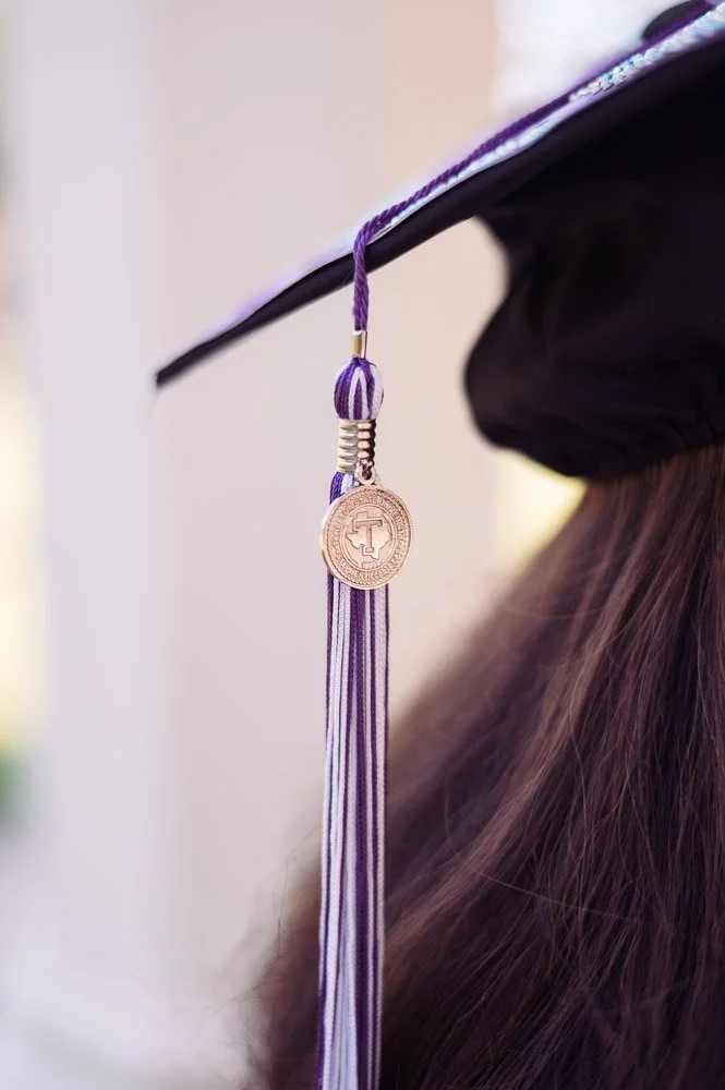 Tarleton State tassel hanging from graduation cap