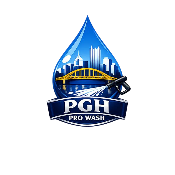 PGH Pro Wash logo featuring a city skyline, a bridge, a water droplet, and a pressure washer nozzle.