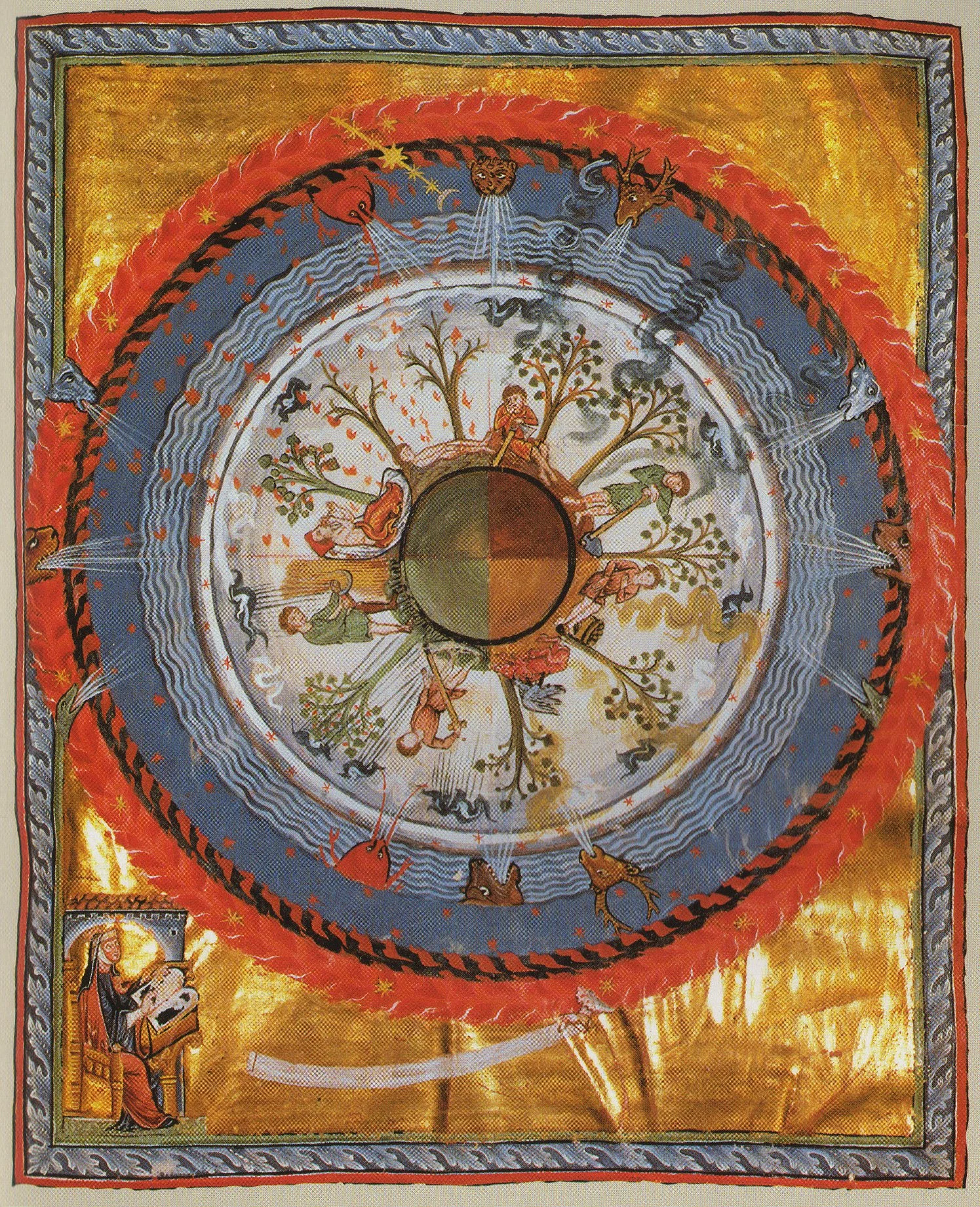 civias I.6: Humanity and Life is a Medieval Ink and Gold Leaf Drawing created by Hildegard von Bingen in 1150. The image is in the Public Domain, and tagged Heaven