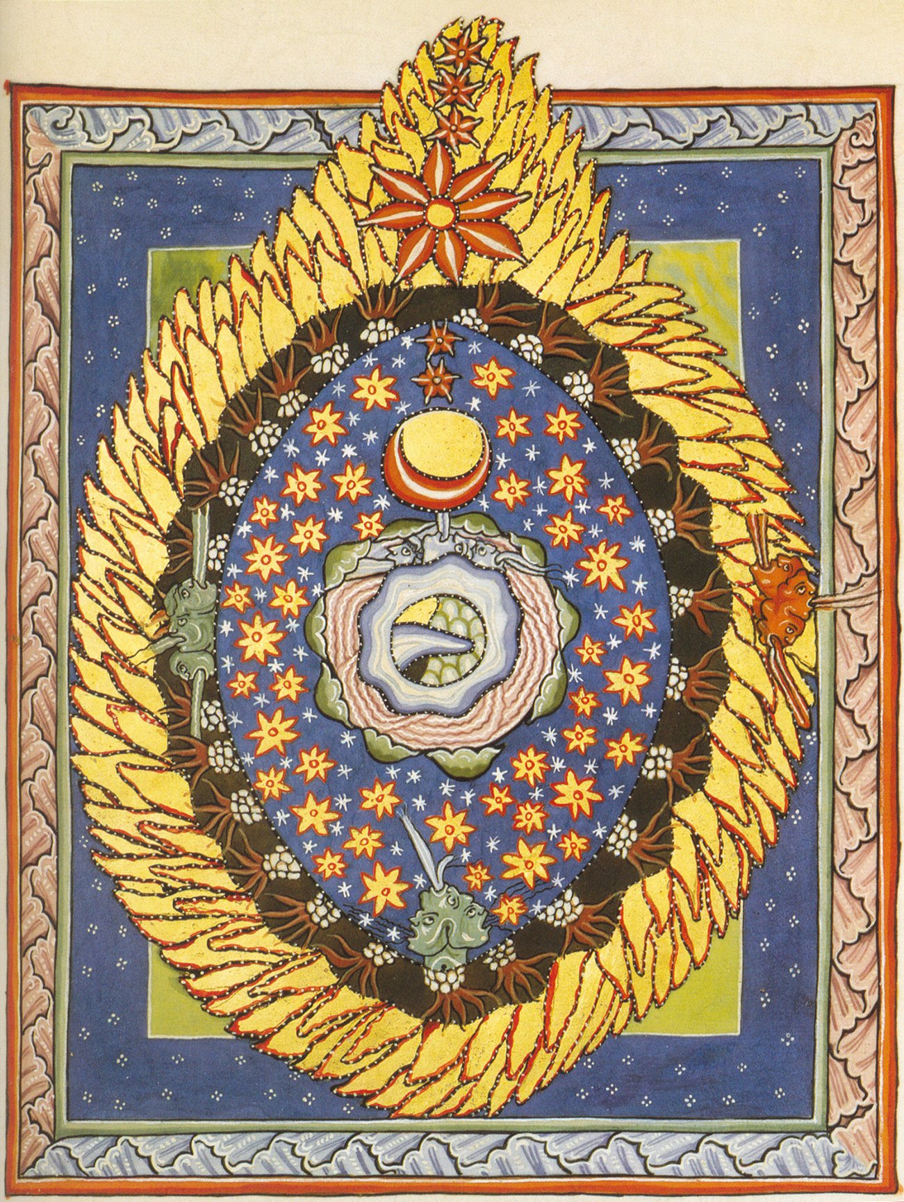 Scivias I.3: God, Cosmos, and Humanity is a Medieval Ink and Gold Leaf Drawing created by Hildegard von Bingen in 1165. The image is in the Public Domain, and tagged God and Heaven.