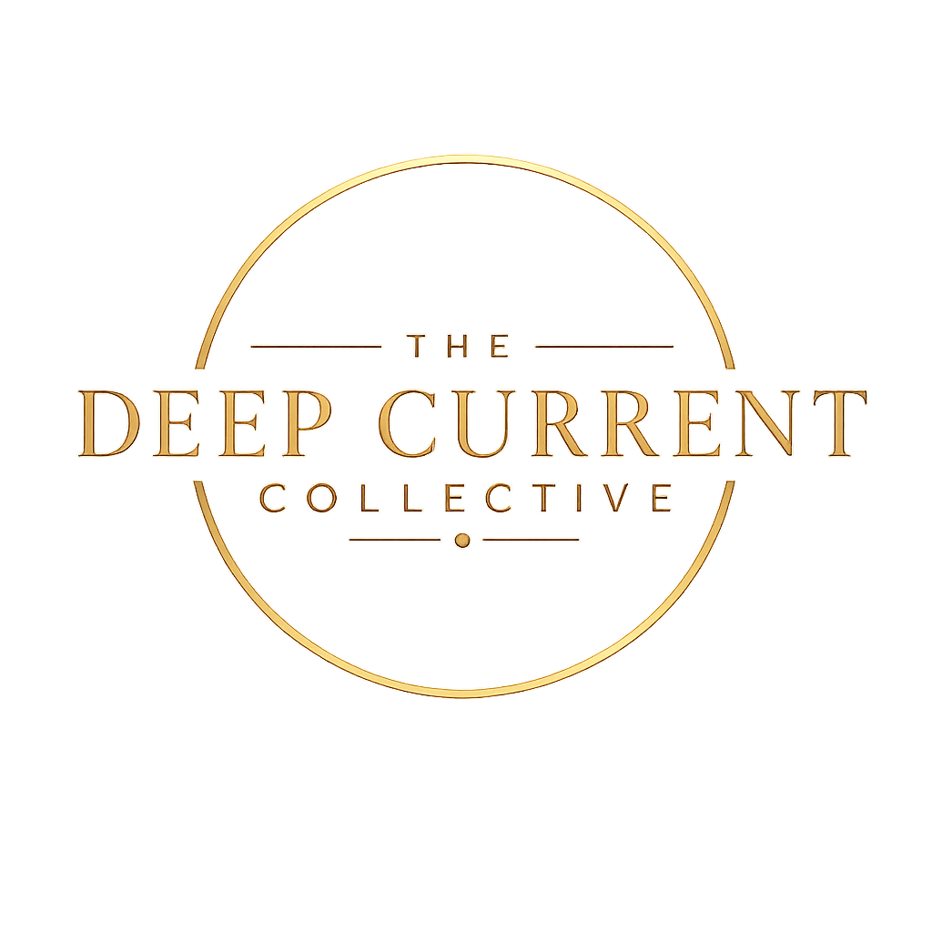Logo for The Deep Current Collective with gold text inside a circle, set against black and beige backgrounds.