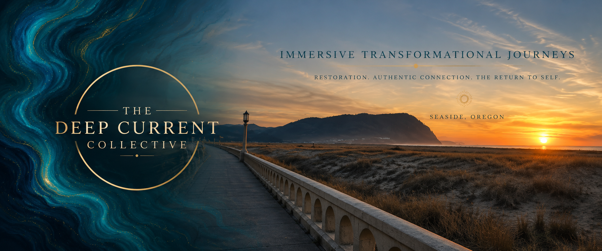 A scenic beach landscape at sunset in Seaside, Oregon, with a concrete boardwalk, street lamps, grassy dunes, mountain backdrop, and the ocean, overlaid with text about 'The Deep Current Collective' offering immersive transformational journeys.