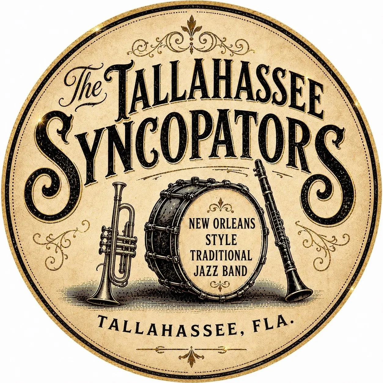 The Tallahassee Syncopator's logo with a trumpet, bass drum, and clarinet