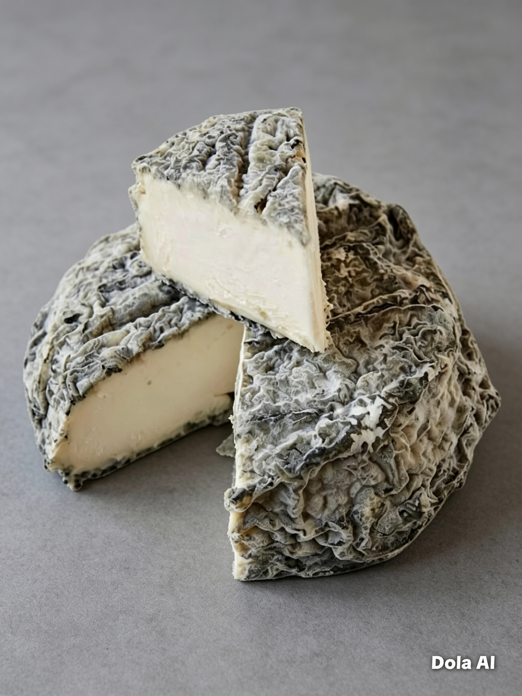 A wheel of crumbled blue cheese with mold and a small wedge cut out, resting on a gray surface.