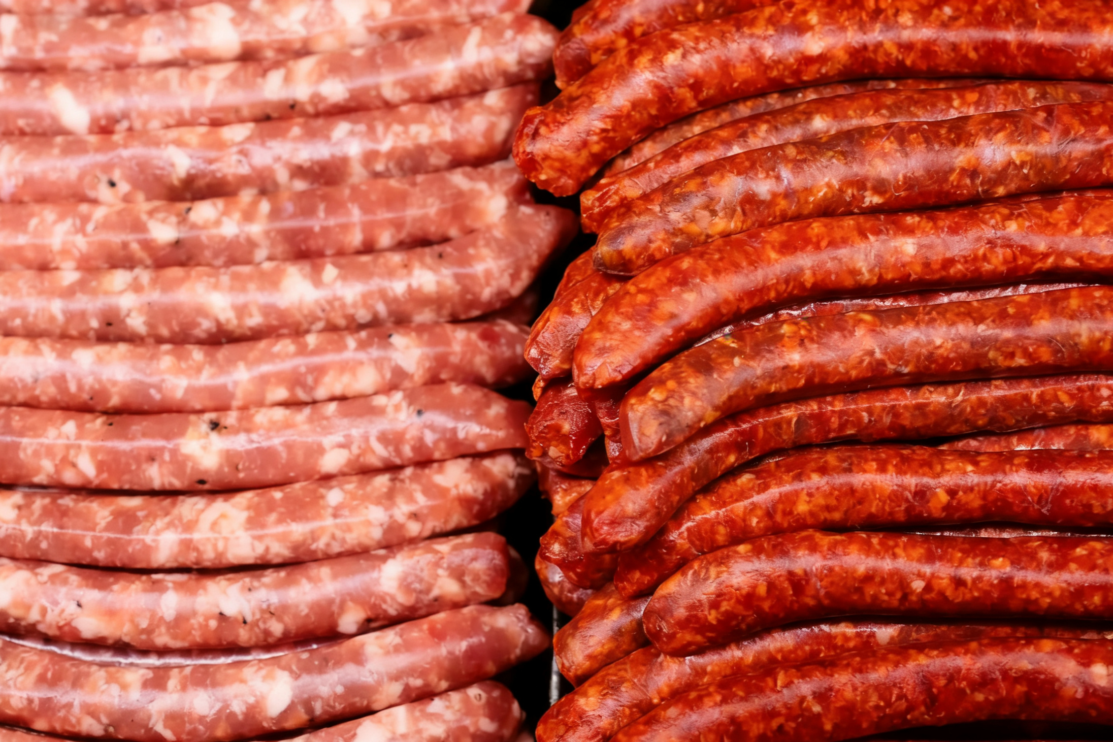 Stacks of raw sausages, with some leaning to the side and others stacked flat, displayed for sale.