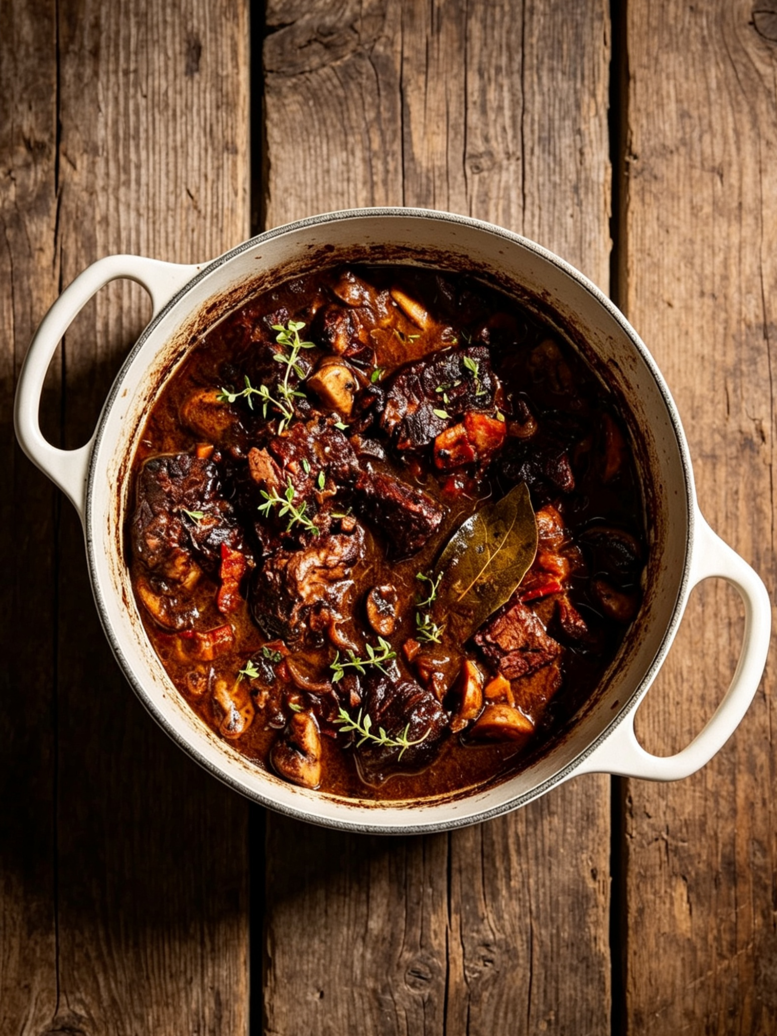 A top-down view of a white skillet containing beef stew with chunks of beef, vegetables, bay leaves, garnished with fresh thyme, on a rustic wooden table.