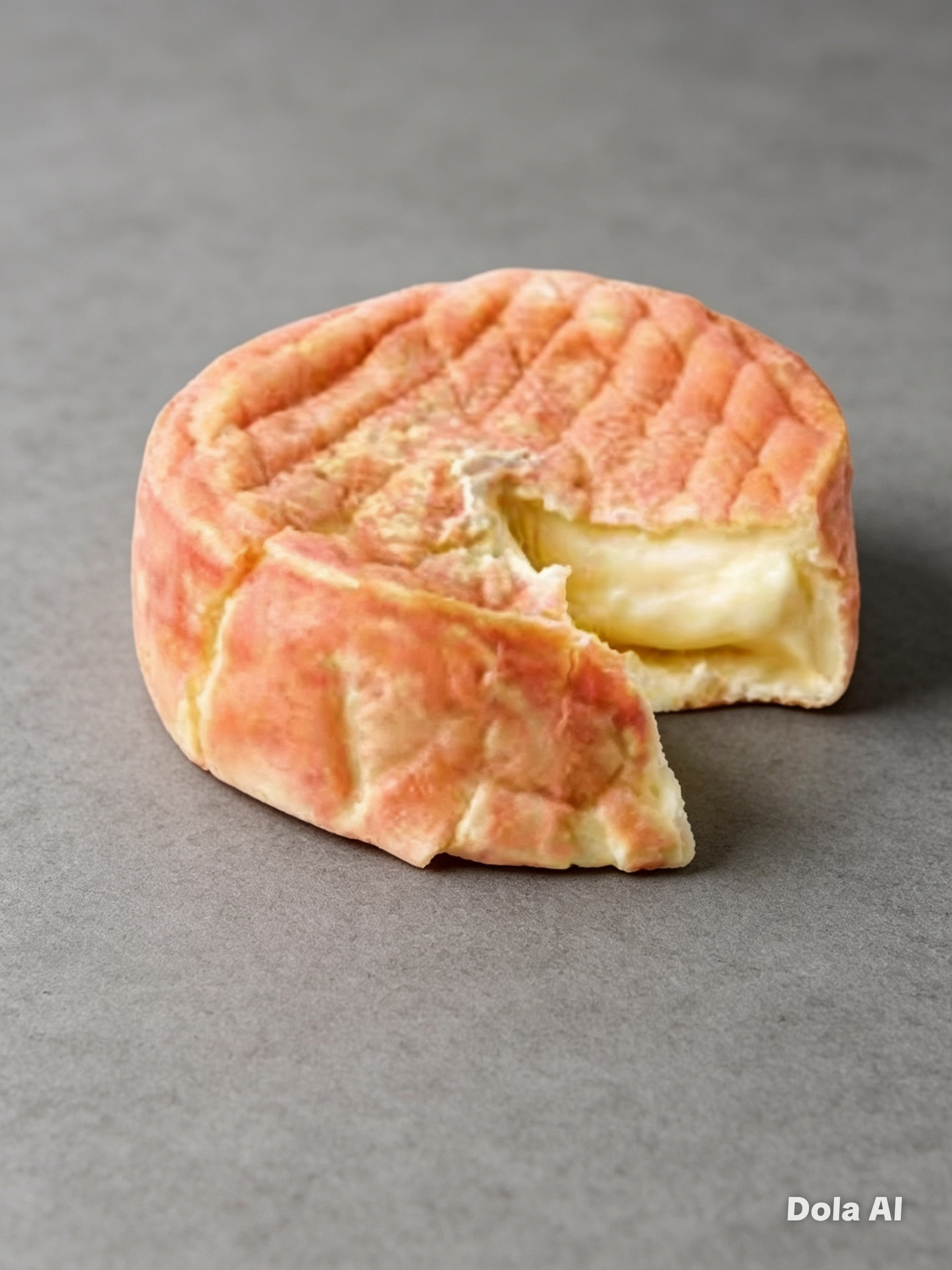A partially eaten pink waffle with creamy yellow filling on a gray surface, with the words 'Dola AI' in the bottom right corner.