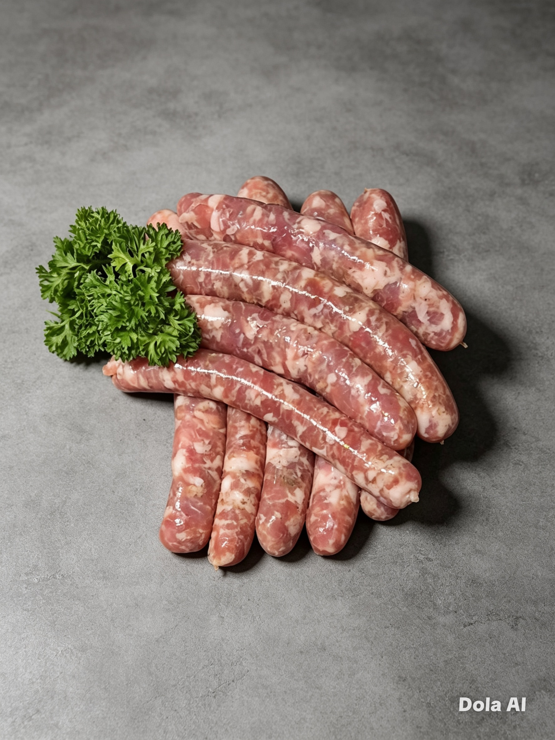 Raw sausages arranged in a pile with a sprig of parsley on a gray surface.