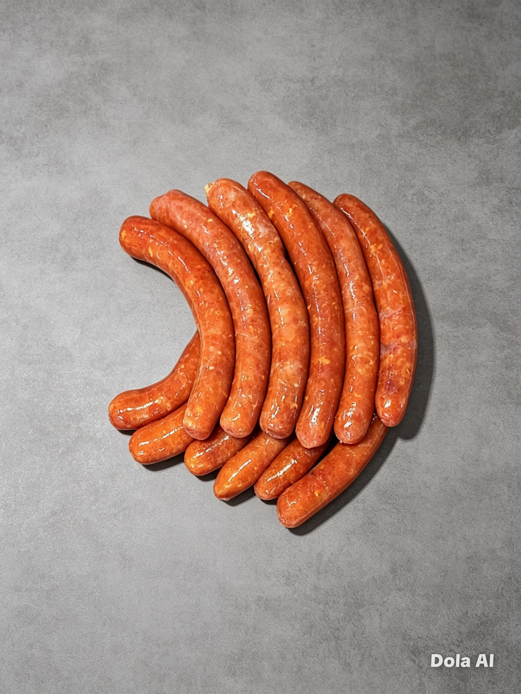 Several cooked sausages arranged in a semi-circle on a gray surface.