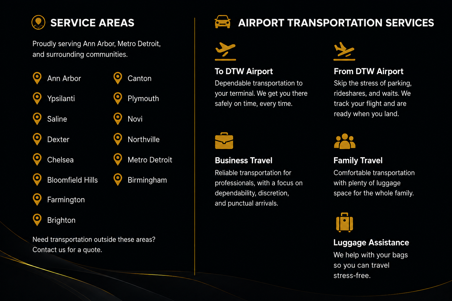 A flyer promoting airport transportation services, listing service areas in Michigan, including Ann Arbor and Detroit, and detailing services such as transportation to and from DTW Airport, business travel, family travel, and luggage assistance.