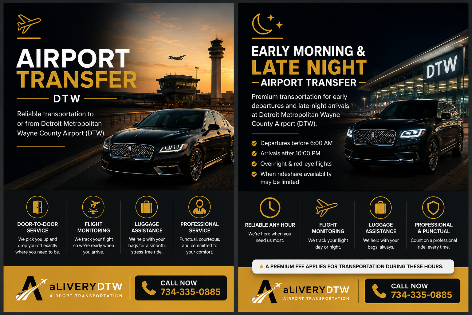 Advertisement for airport transfer services at Detroit Metropolitan Wayne County Airport (DTW). The left side features a black luxury car at sunset with a control tower in the background, emphasizing reliable transportation, door-to-door service, flight monitoring, luggage assistance, and professional service. The right side highlights early morning and late night transfers with a similar car at night, noting departures before 6:00 AM, arrivals after 10:00 PM, overnight and red-eye flights, and limited rideshare availability. Contact information and logos are at the bottom.