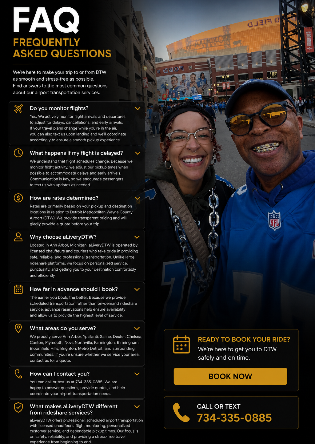 FAQ page about airport transportation services with a smiling woman and man in blue football jerseys taking a selfie outside Detroit Metropolitan Wayne County Airport.