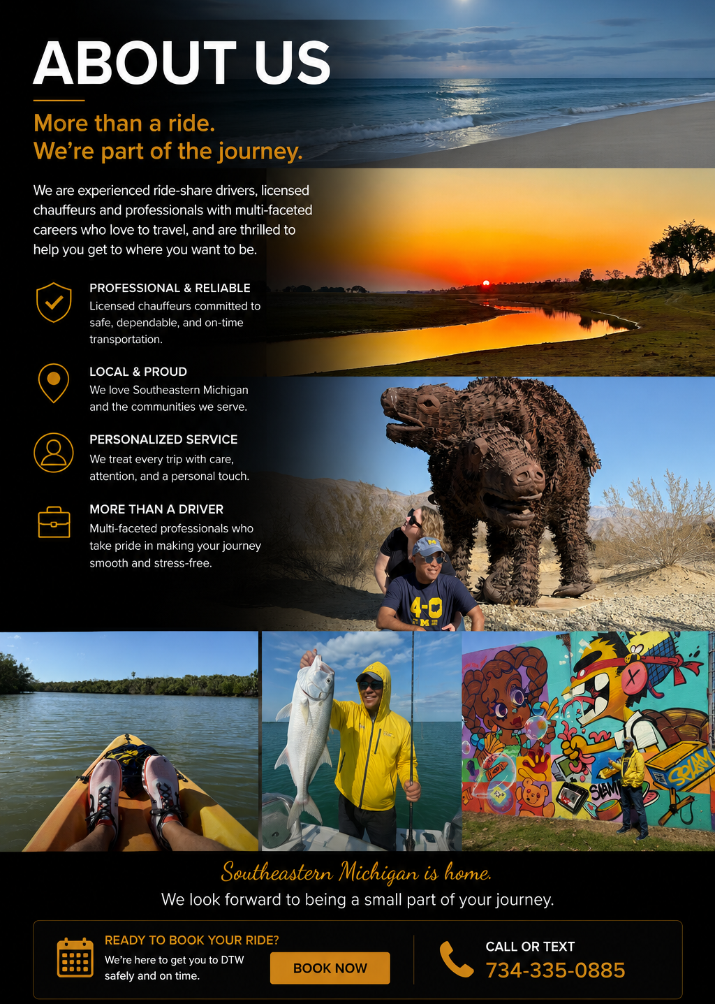 Images of Southeastern Michigan clients using DTW to reach destinations, including pictures of a beach, a sunset, a jungle animal sculpture, people kayaking and fishing, and graffiti art, with text describing the services and contact information.