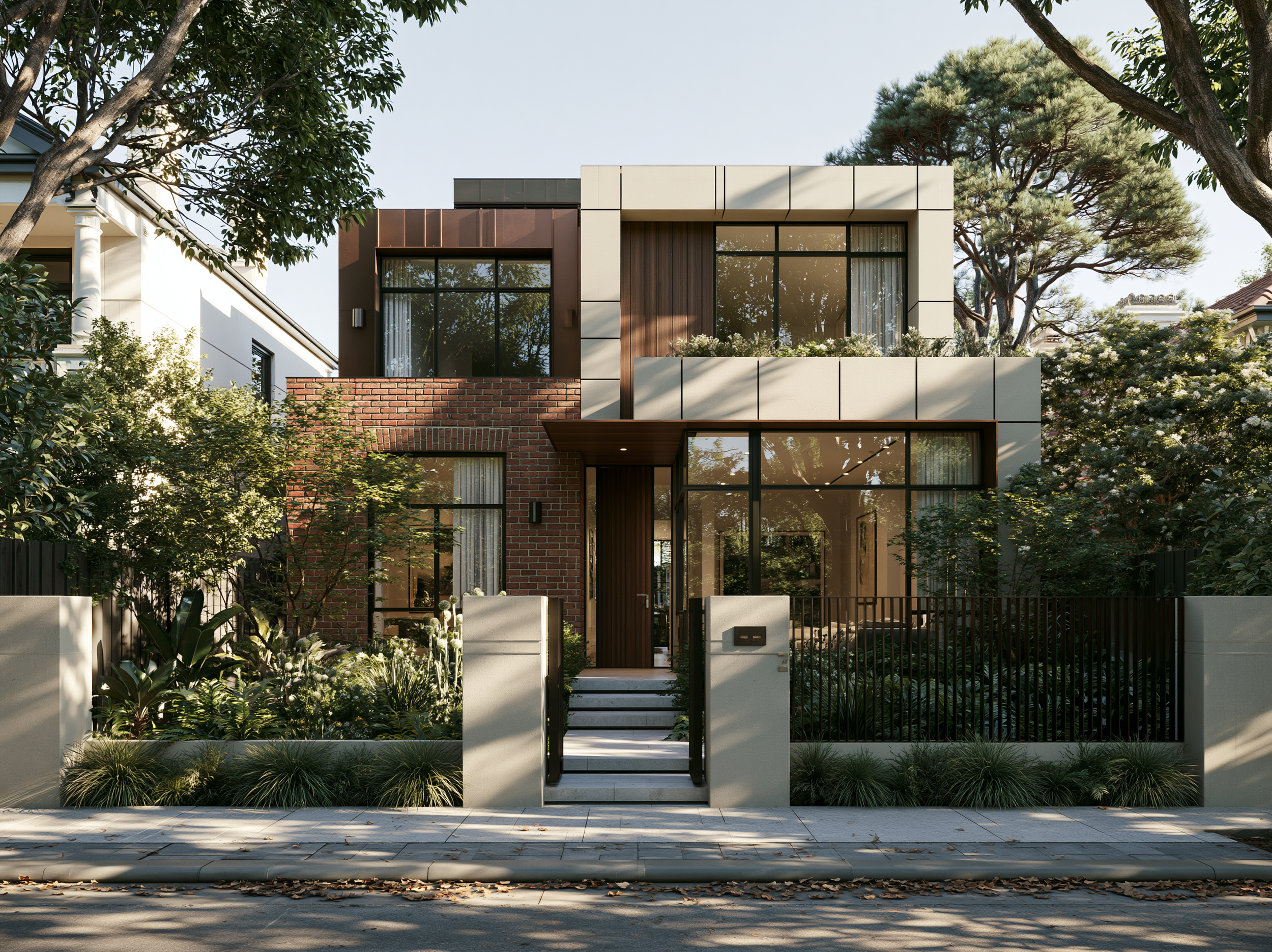 Hyla Projects - Modern multi-story house with large windows, brick and stucco exterior, surrounded by lush greenery and trees, with a gated entrance and steps leading to the front door.