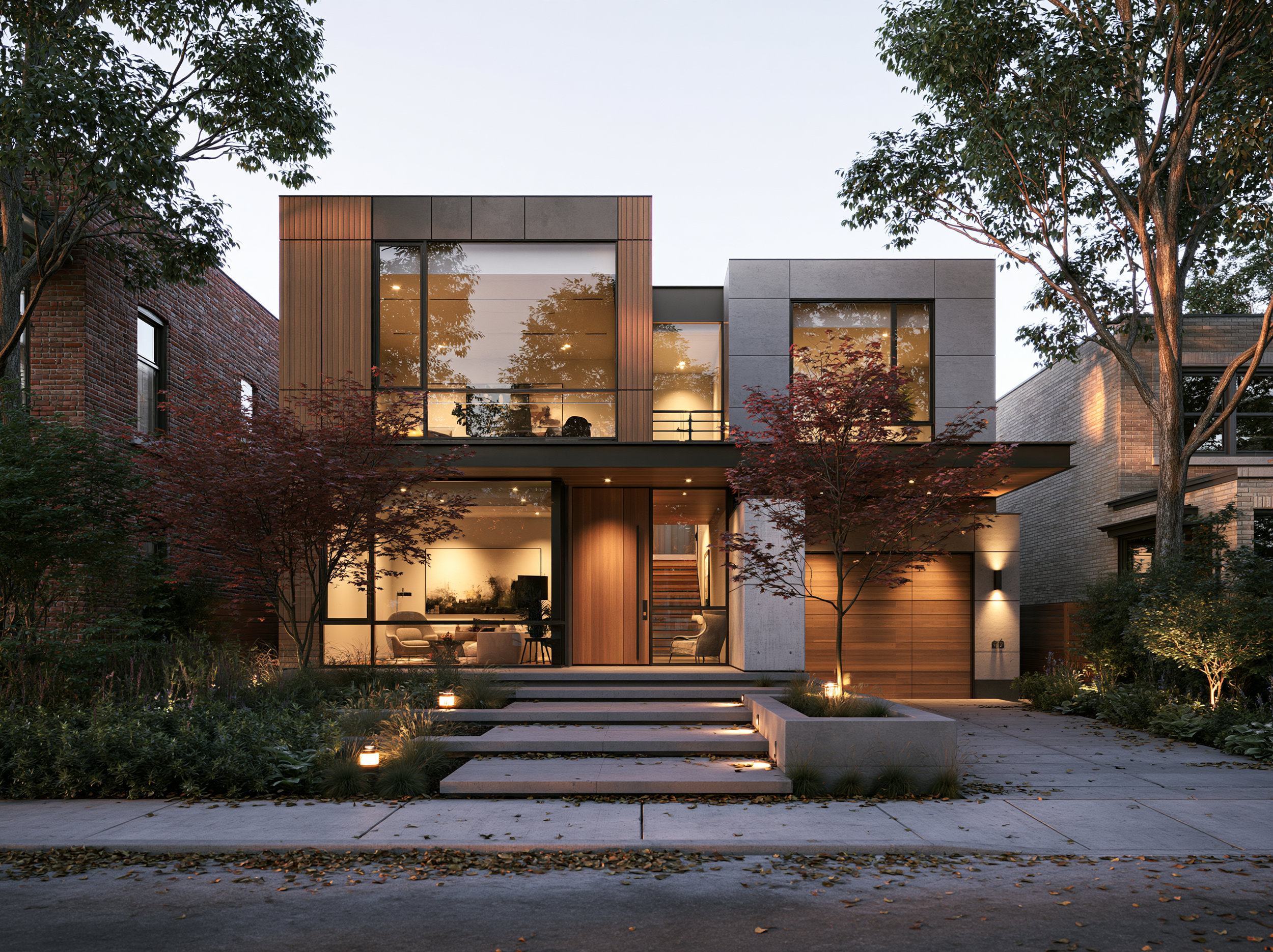 Hyla Projects - Modern two-story house with large glass windows, front porch with stairs, surrounded by trees and landscaping, during evening with outdoor lighting.
