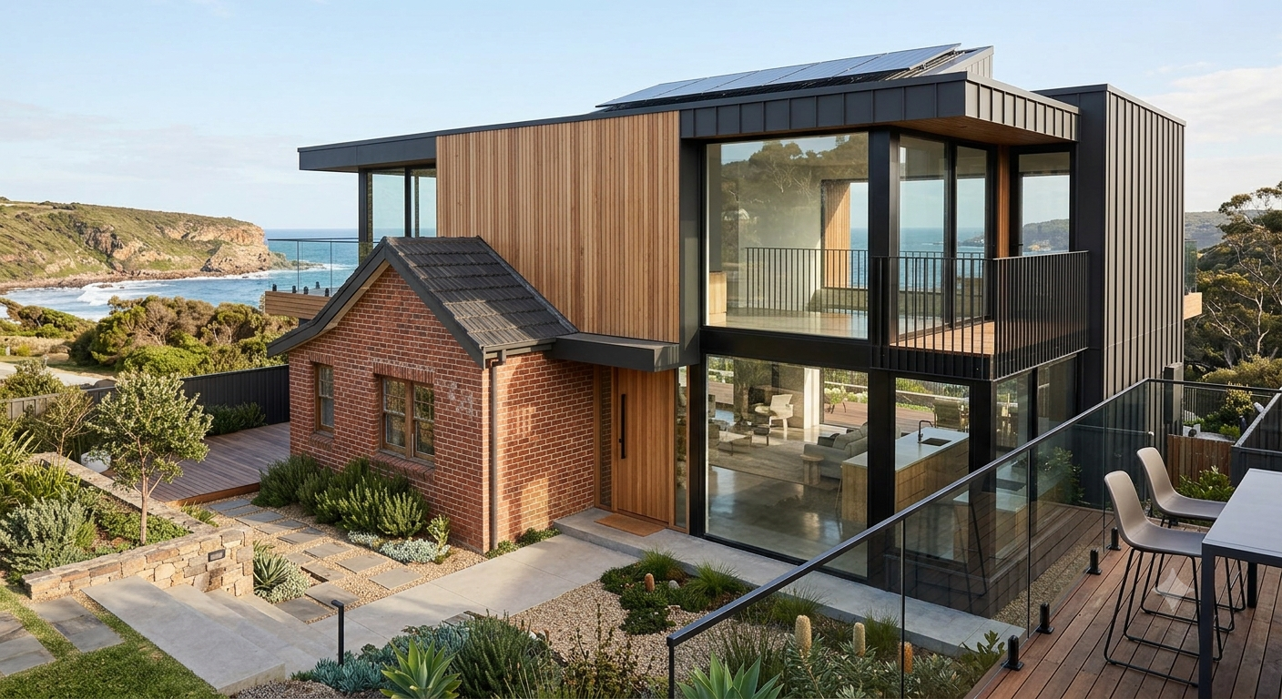 Hyla Projects -  Modern house with glass walls and wooden accents on a hillside overlooking the ocean, with a small brick structure in front and a landscaped patio.
