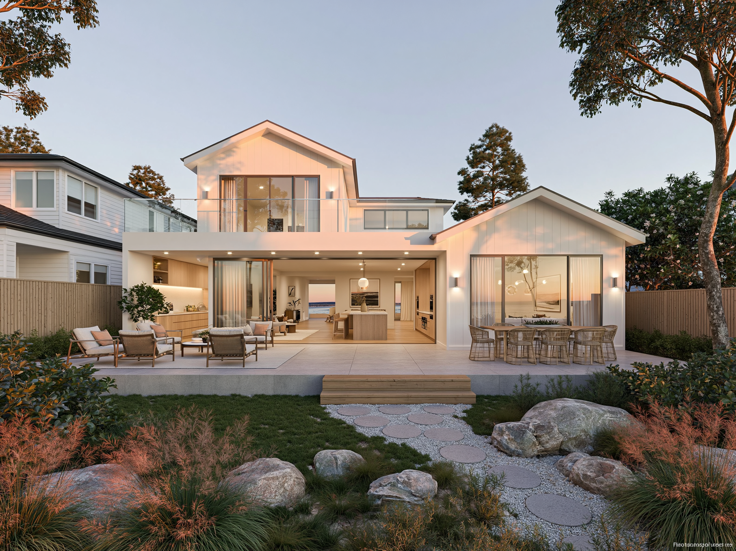 Hyla Projects - Modern two-story house with large glass doors and windows, outdoor patio with seating, surrounded by landscaped garden with rocks, plants, and trees, sunset lighting.