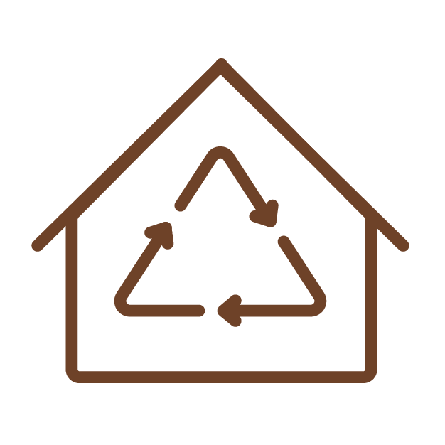A brown house outline with the recycling symbol inside, indicating eco-friendly or recycling concept.