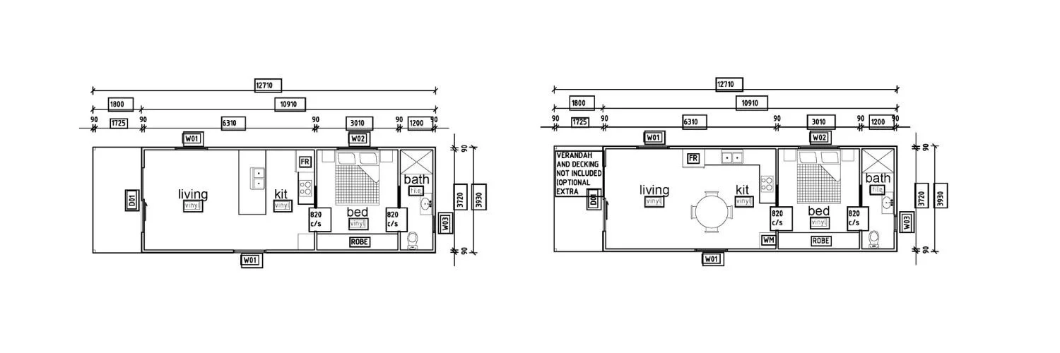 Architectural floor plans of two similar models of a mobile home, showing layout of living room, kitchen, bedroom, and bathroom with detailed dimensions.