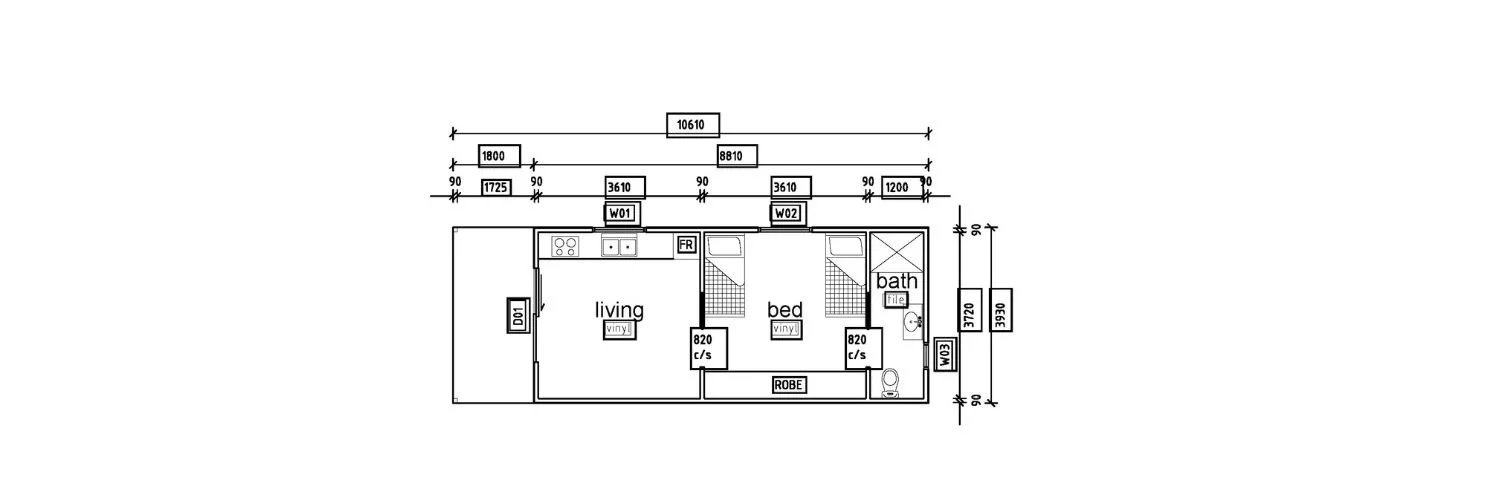 Floor plan of a small house with living room, two bedrooms, and a bathroom. Includes measurements and labels for doors, windows, and fixtures.