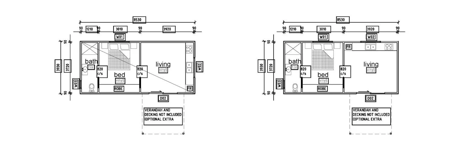 Floor plans for two small mobile homes, showing layouts with bedroom, bathroom, and living area.