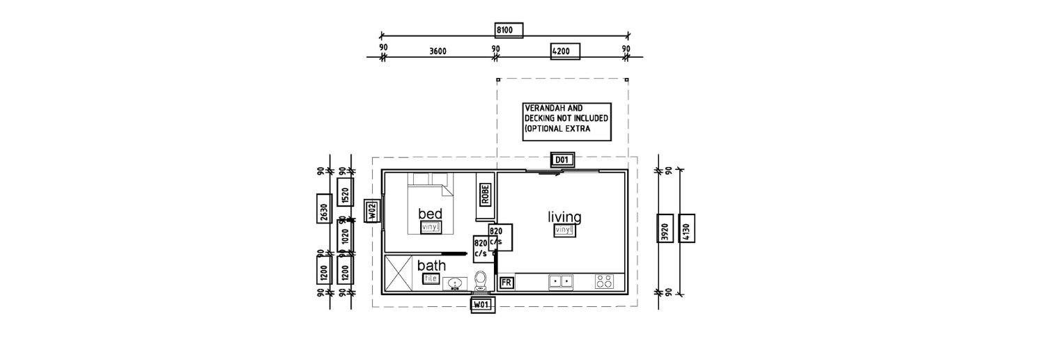 Architectural floor plan of a small house with bedroom, bathroom, and living area, including measurements and notes about optional veranda and decking.