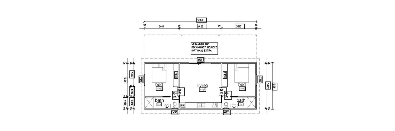 Architectural floor plan of a small house with two bedrooms, two bathrooms, and a living area, including dimensions and labels for doors, windows, and fixtures.
