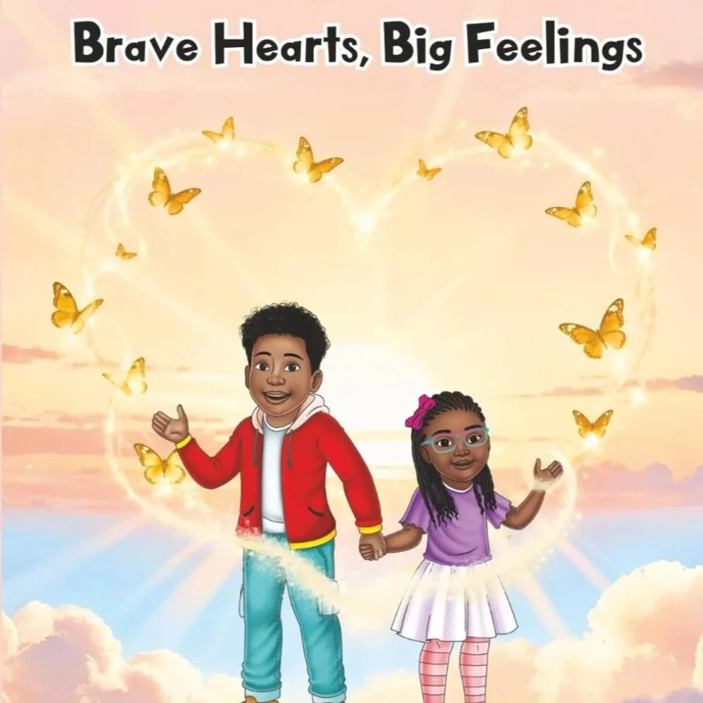 Two children, a boy and a girl, holding hands, surrounded by a glowing heart shape with butterflies, against a bright sky with clouds, and the text "Brave Hearts, Big Feelings" at the top.