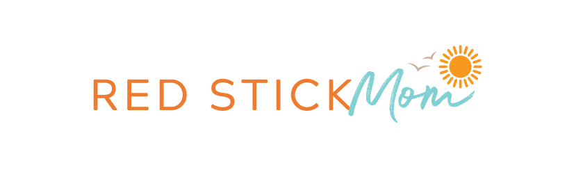 Logo with the text 'Red Stick Mom' in orange and blue, accompanied by a sun and two birds.