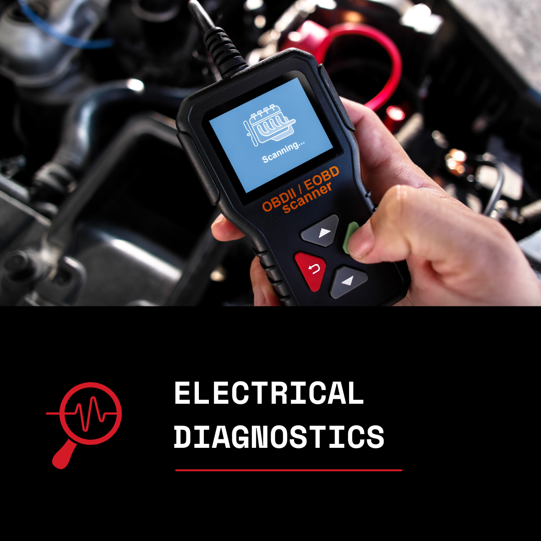 Close-up of a person holding an OBDII / EOBD scanner, connected to a vehicle's engine for electrical diagnostics, with the screen displaying a scanning process and an engine icon.