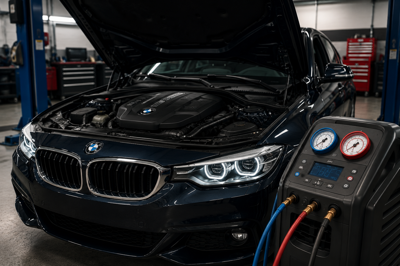 A dark blue BMW car in a garage with its hood open, undergoing air conditioning servicing with a diagnostic machine connected, showing gauges and digital readout.