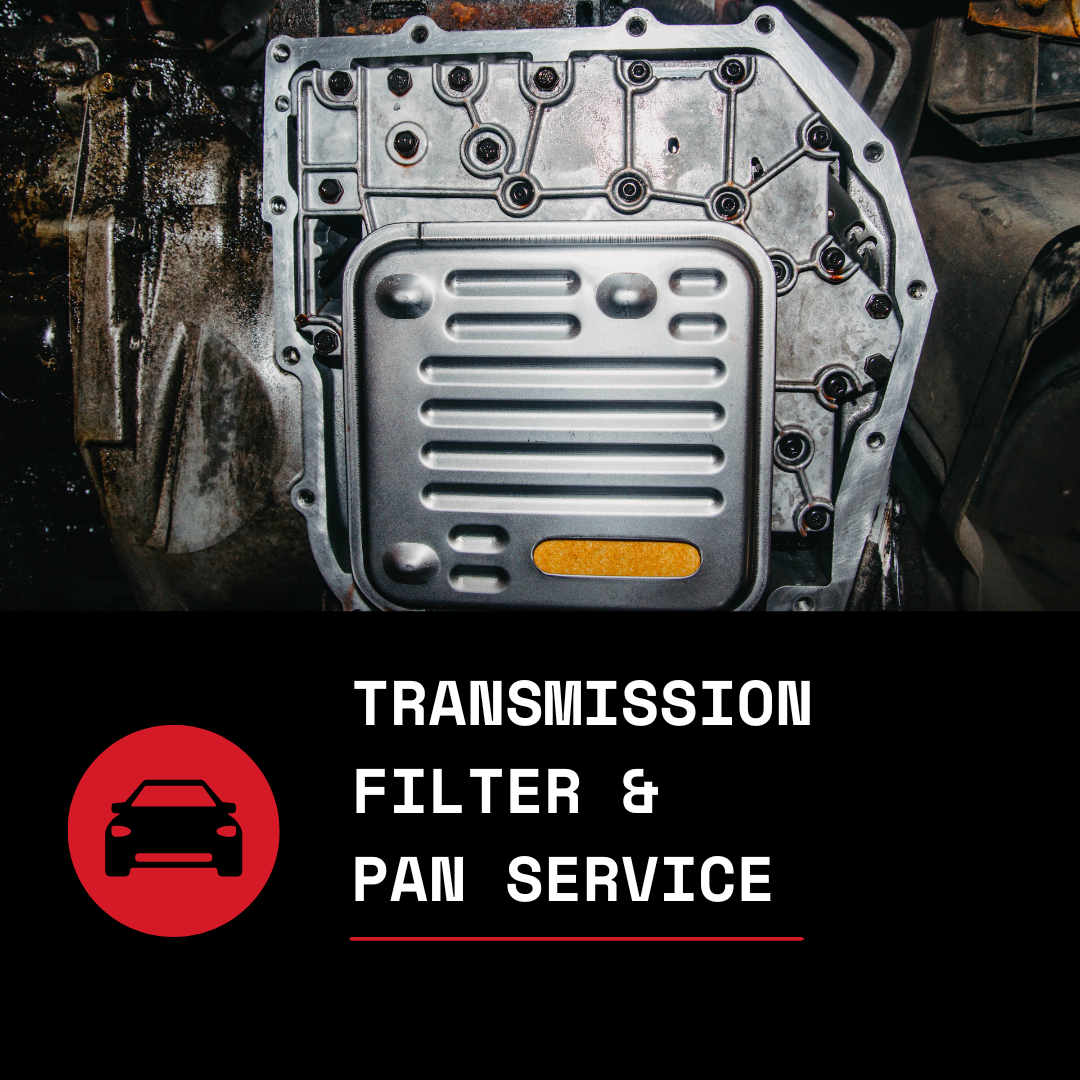 Automated transmission transmission valve body with a black background and white text indicating 'Transmission Filter & Pan Service' alongside a red circle containing a black car icon.