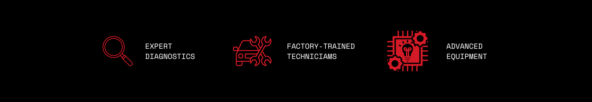 Icons with text: magnifying glass for expert diagnostics, tools and car for factory-trained technicians, microchip with gear for advanced equipment.